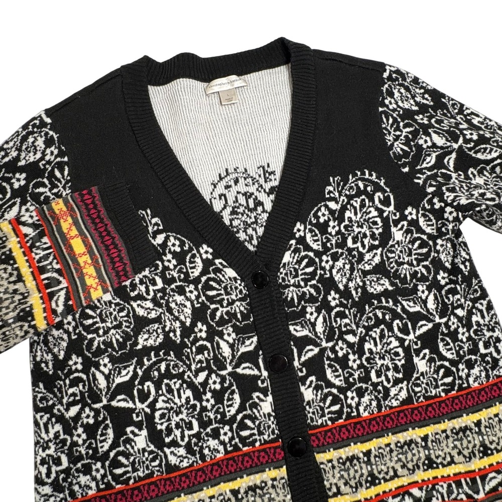 Christopher & Banks Womens L‎ Cardigan Duster Sweater Floral Print Black White